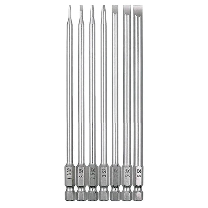 Set of 7 slotted screwdriver bits with measurements on a white background