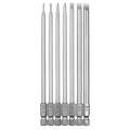 Set of 7 slotted screwdriver bits with measurements on a white background