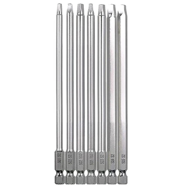 Set of 7 screwdriver bits with measurements on a white background