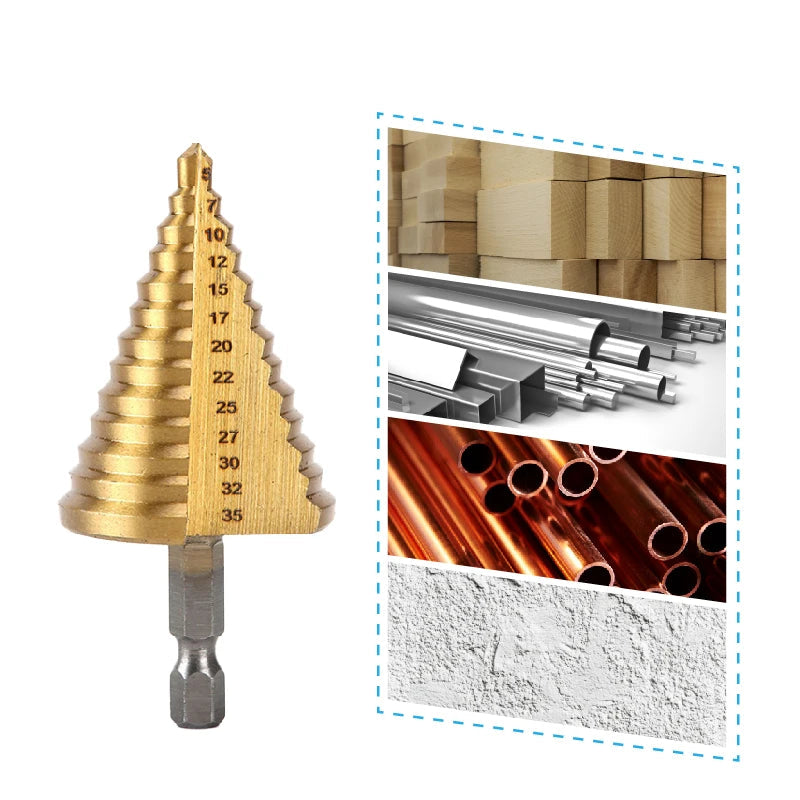 Tungsten steel step drill bit with applications on various materials.