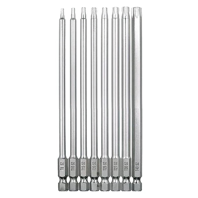 Set of Torx screwdriver bits on a white background with product name and specifications.