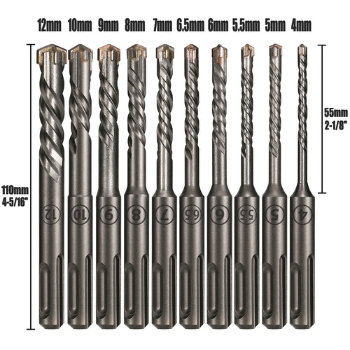Set of drill bits with measurements on a white background