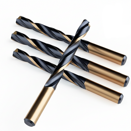 Set of drill bits with black and gold finish on a white background