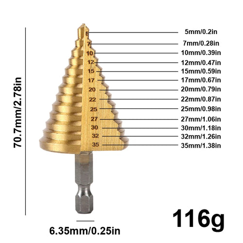 HSS step drill bit with size markings on a white background