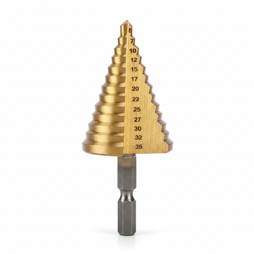 Step drill bit with spiral flutes on a white background